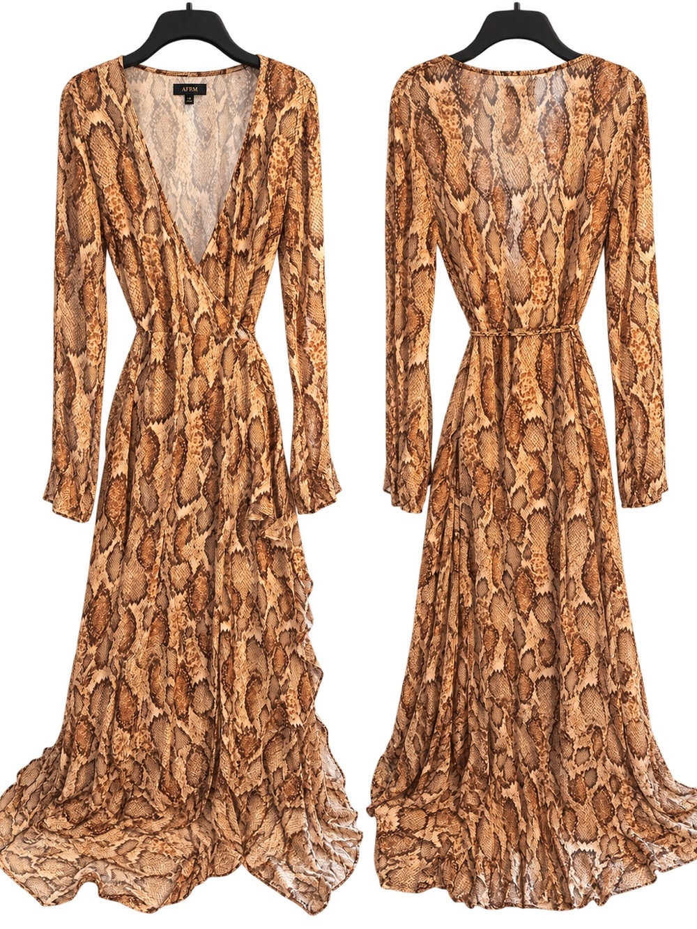 AFRM Snake-Print Wrap Maxi Dress - Tan Brown